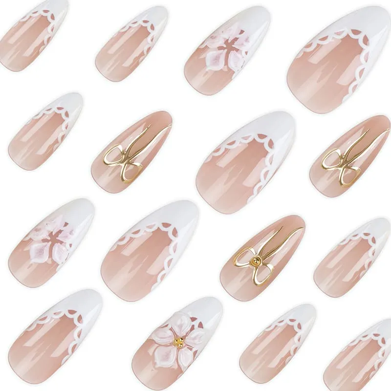 Nailhour 24Pcs Floral 3D Medium Almond French Press On Nails