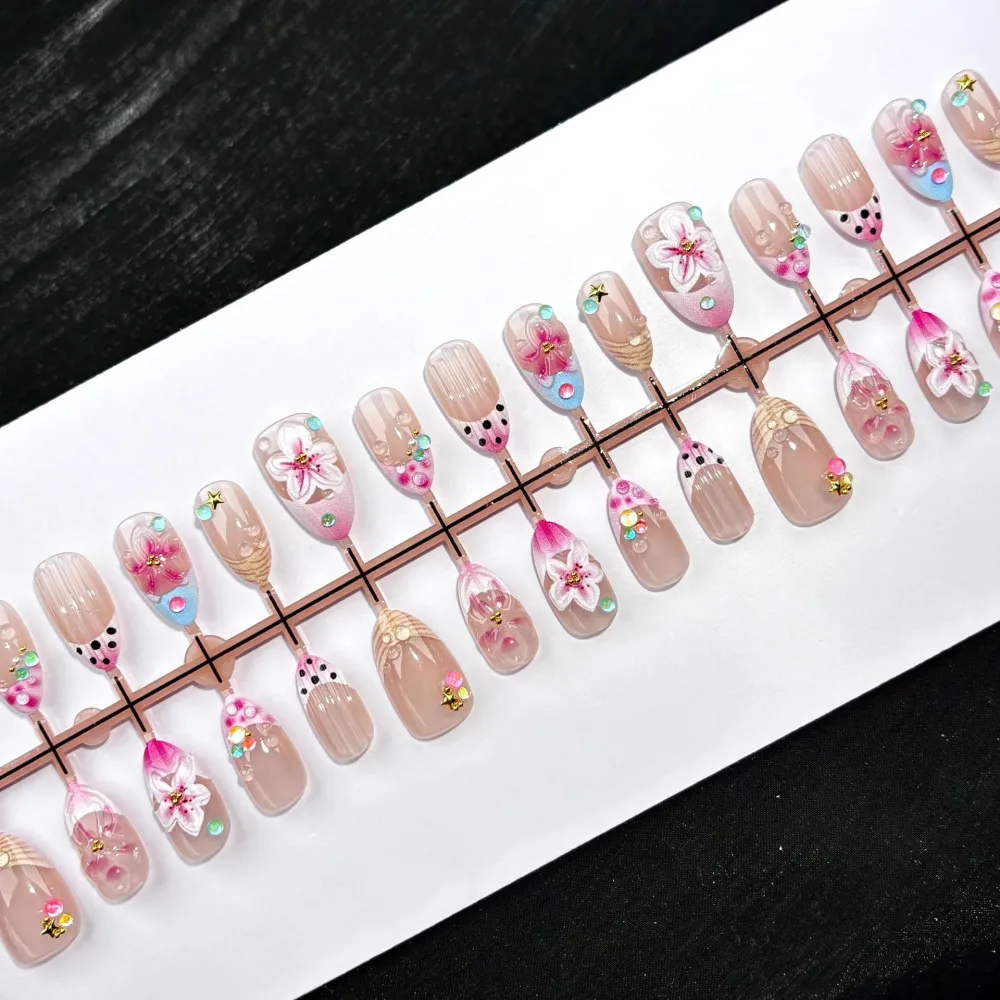 Nailhour 30Pcs Ocean Theme Floral 3D Medium Almond Pink French Press On Nails