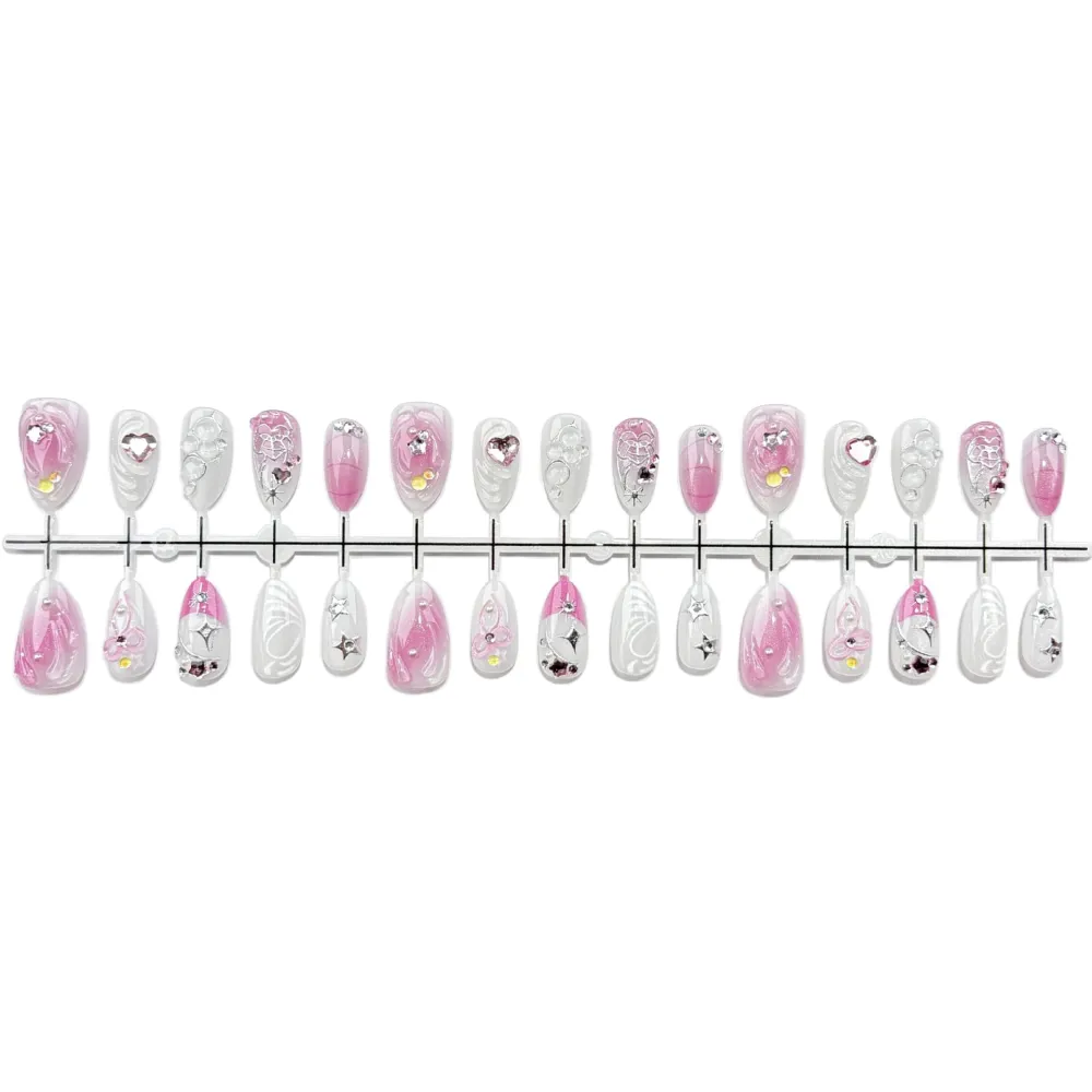 Nailhour 30Pcs Cat Eye Sweet And Cool Medium Almond French Press On Nails