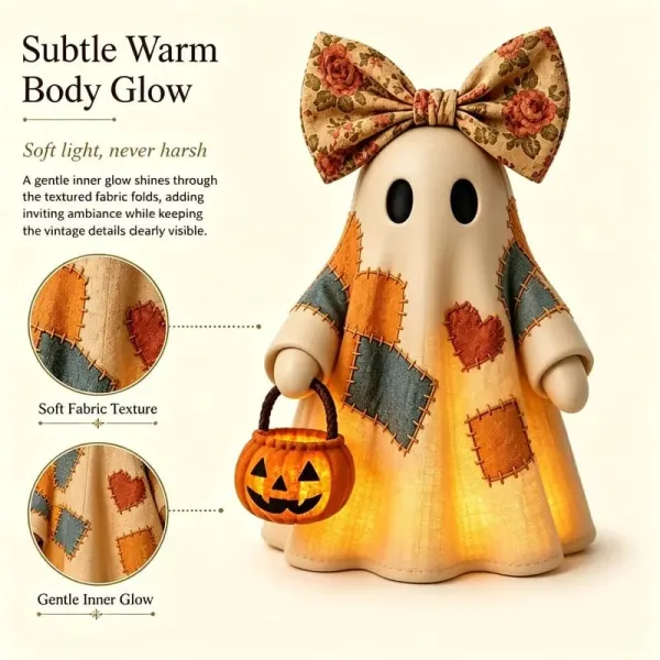 Lighted Vintage Patchwork Ghost Light Up Ghost with Pumpkin Lantern Festive Halloween Decor