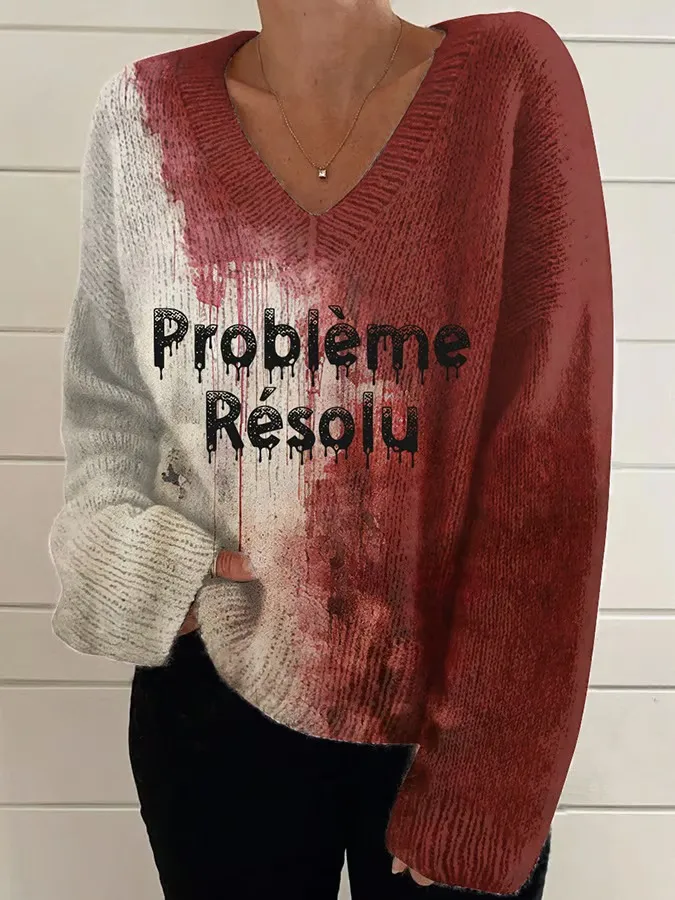 Women's Bloody Problem Solved Halloween V-Neck Knit Sweater