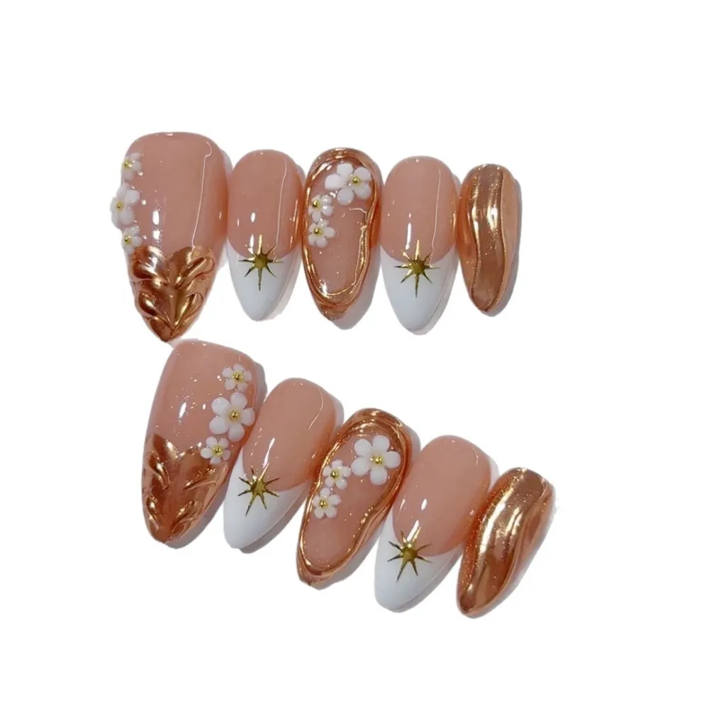 Nailhour 10Pcs Nude 3D Medium Almond Cat Eye Press On Nails