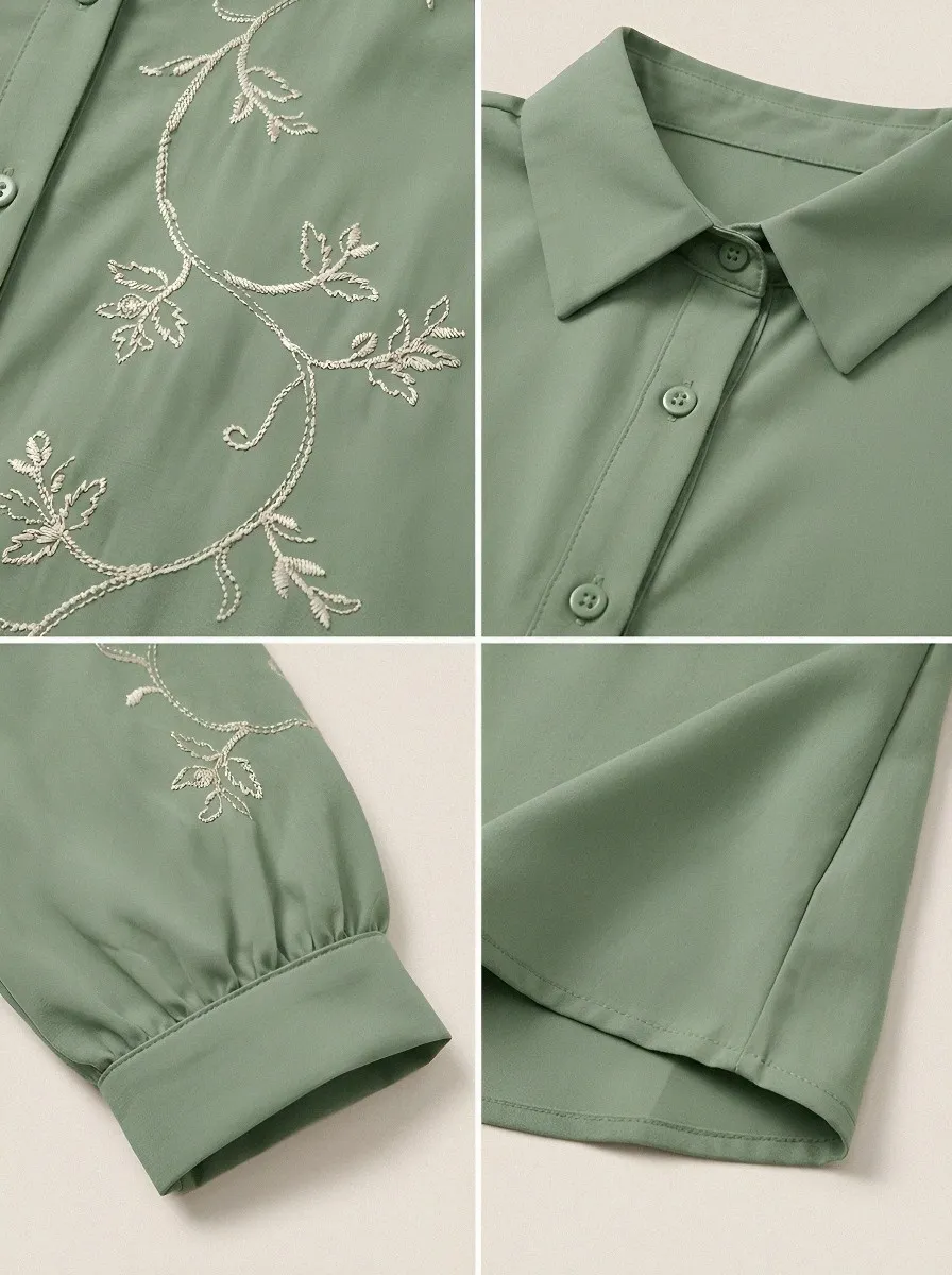 Women's Breast Cancer Awareness Floral Vine Embroidered Button-up Shirt