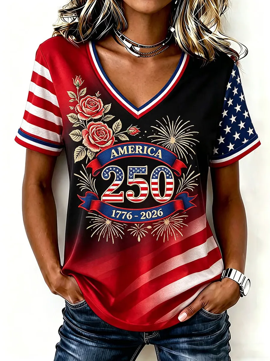 Women's Retro American 250th Anniversary V-neck Short-sleeved T-shirt