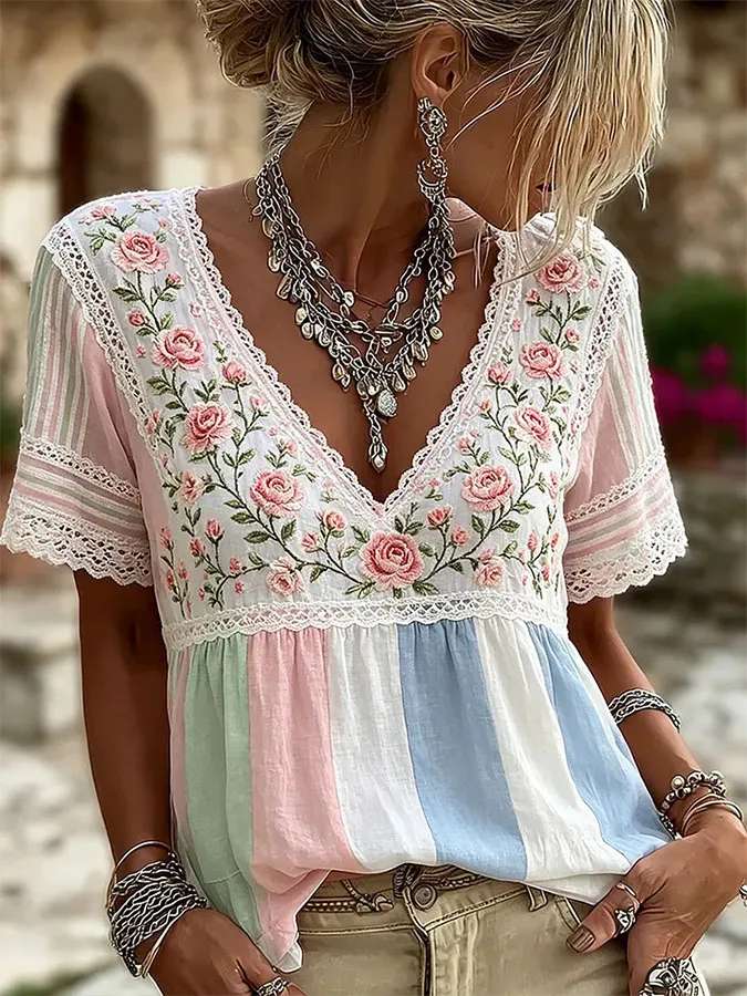 Women'S Floral Art Printed Casual Cotton And Linen Short Sleeved T-Shirt