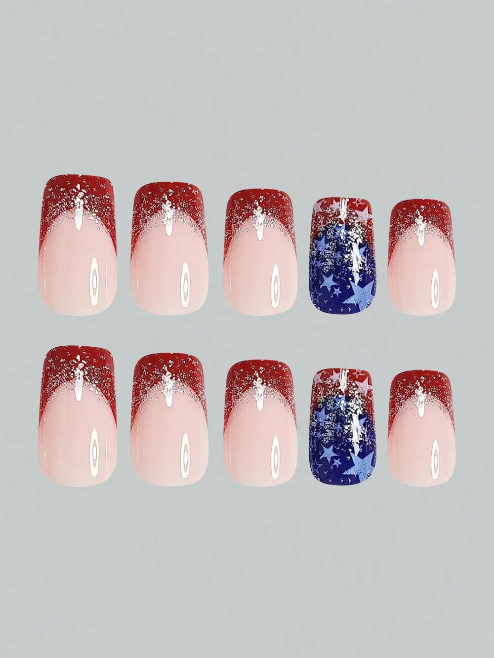 Nailhour 24pcs Medium Square 4th Of July Nail Art French Stiletto Dreamy Silver Glitter Press On Nails