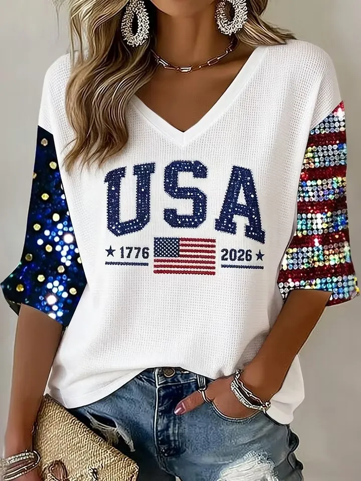 Ladies' Casual American Independence Day USA Personalized Printed V-Neck Mid Sleeve Top