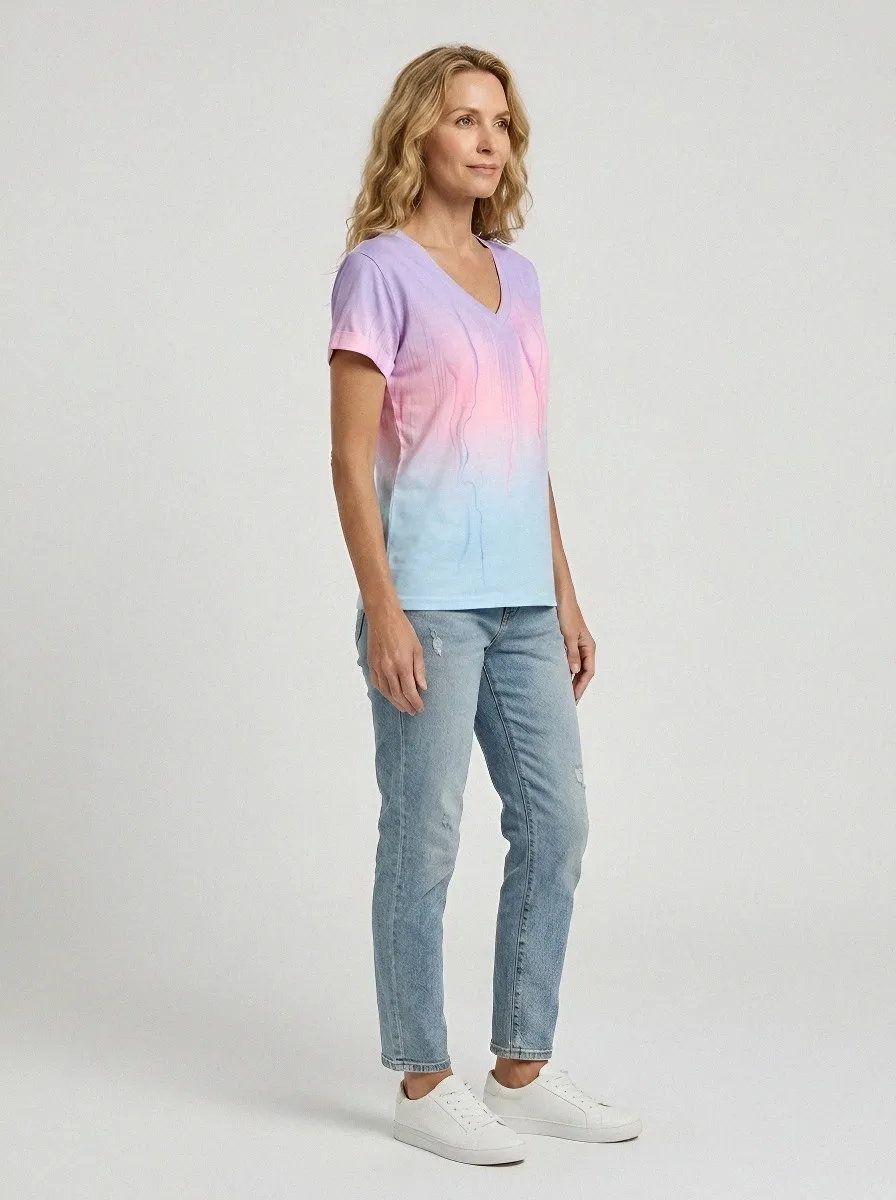 Women's Breast Cancer Awareness Pink Ribbon Gradient Printed V-neck T-shirt