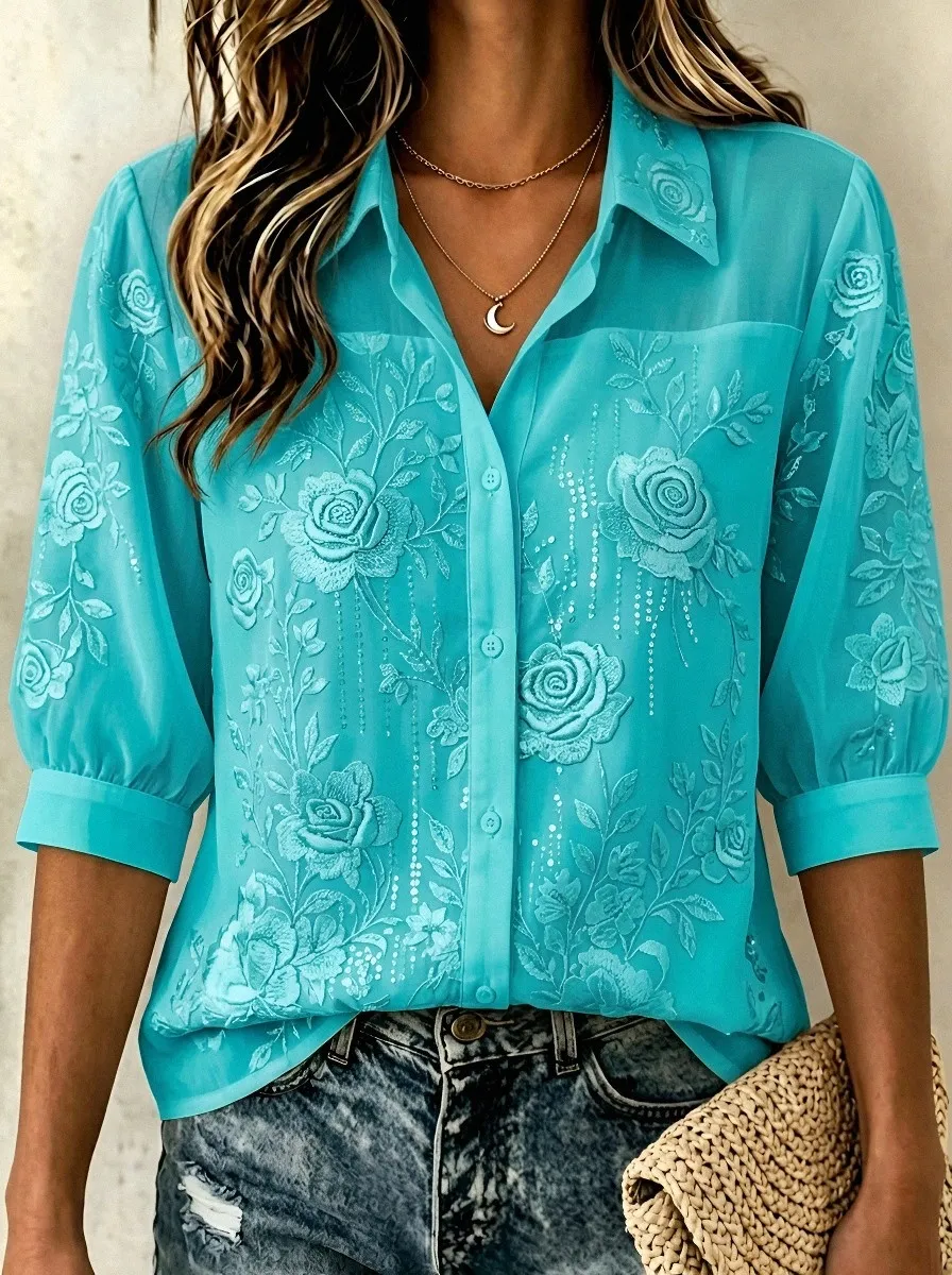 Women's Breast Cancer Awareness Rose Floral Embroidered Button-up Shirt