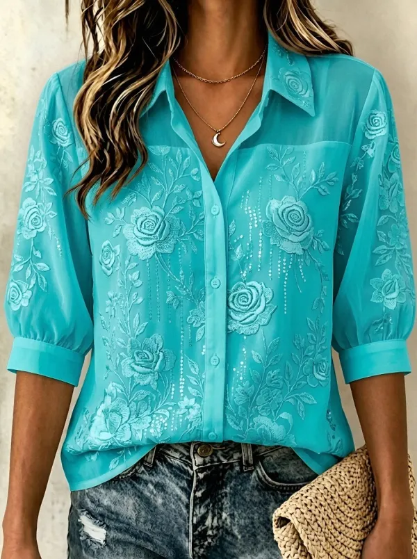 Women's Breast Cancer Awareness Rose Floral Embroidered Button-up Shirt