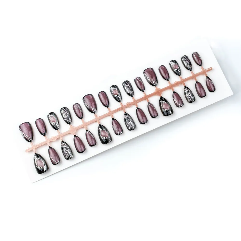 Nailhour 30Pcs Purple Gilded Gothic Medium Almond Press On Nails