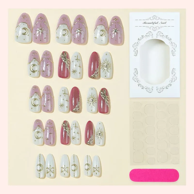 Nailhour 30Pcs French Blending Multicolor Gilded Cat Eye Medium Almond Press On Nails