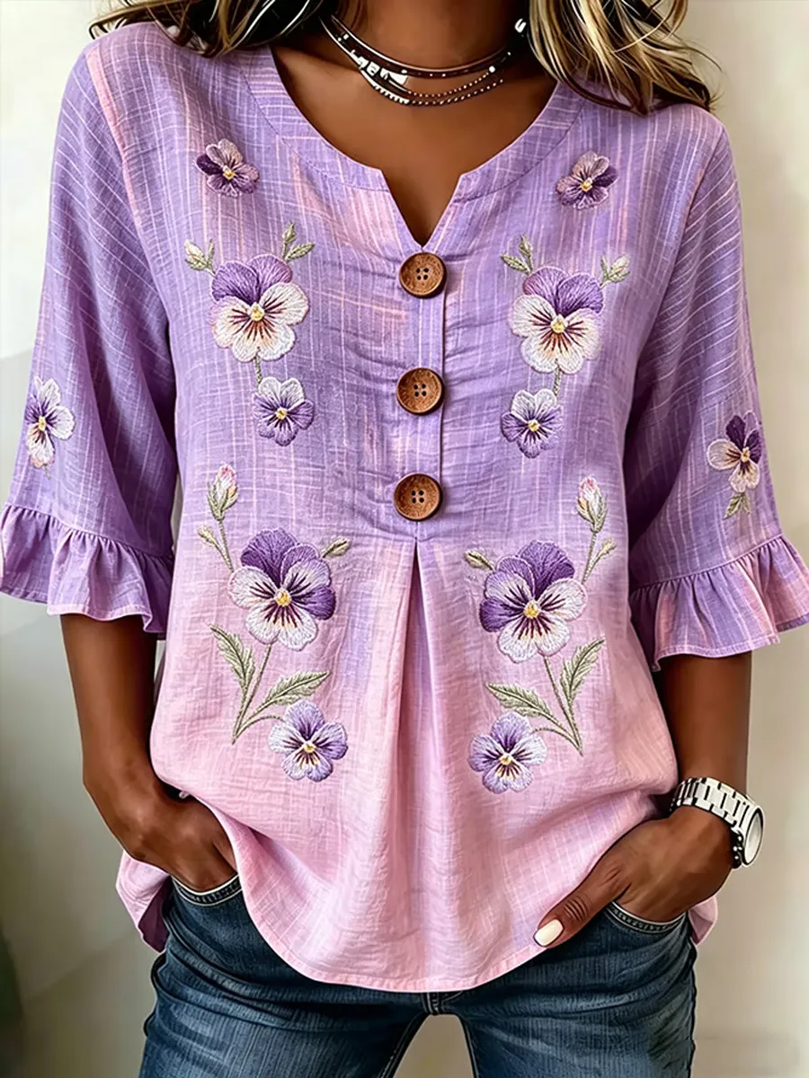 Women's Casual Purple Floral Cotton Linen Top