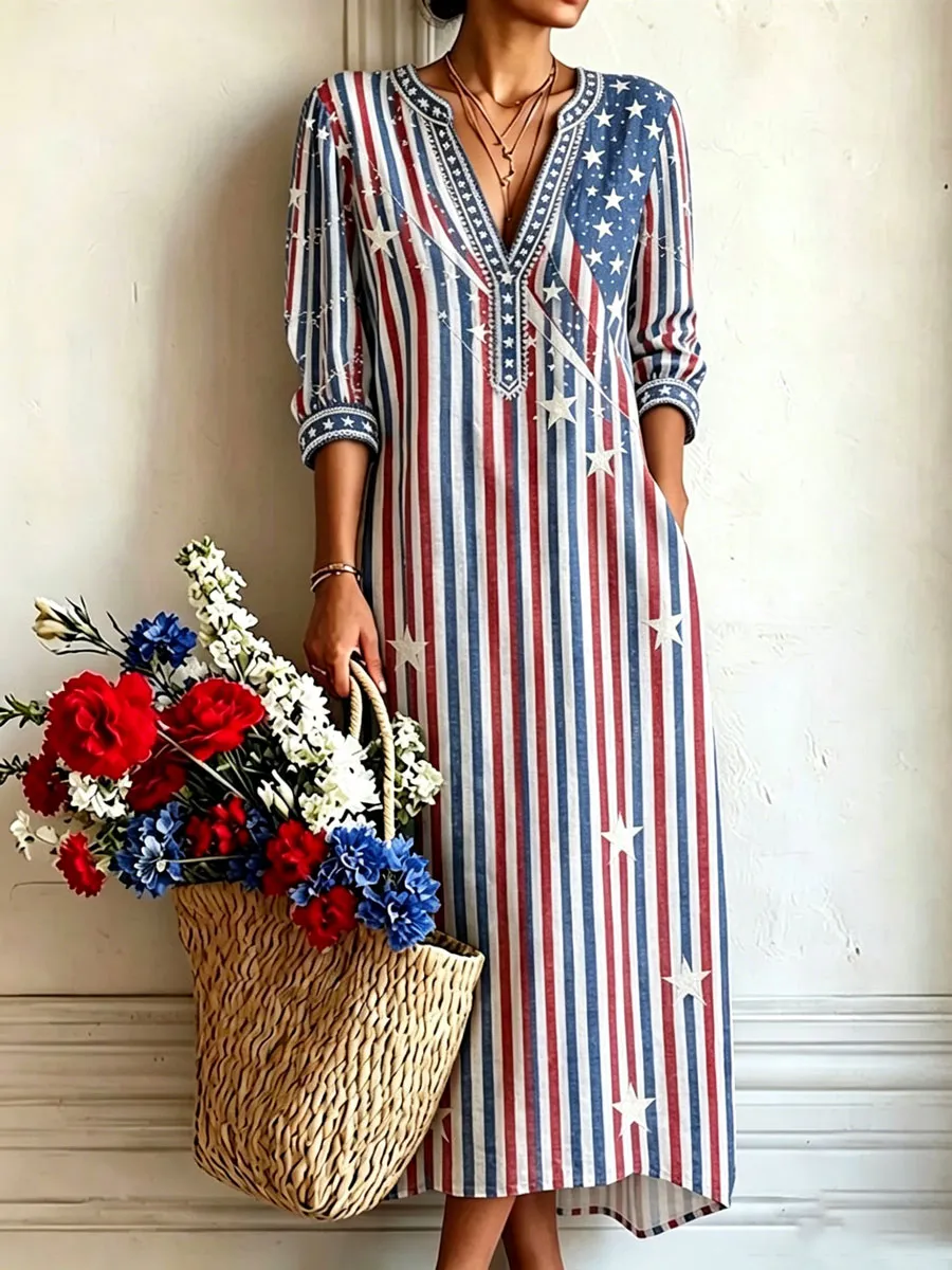 Women'S Cotton And Linen Casual Printed Usa Anniversary  Dress