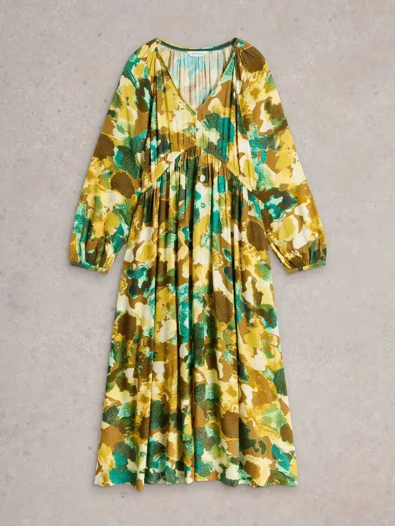 Yellow V-Neck Midi Dressin