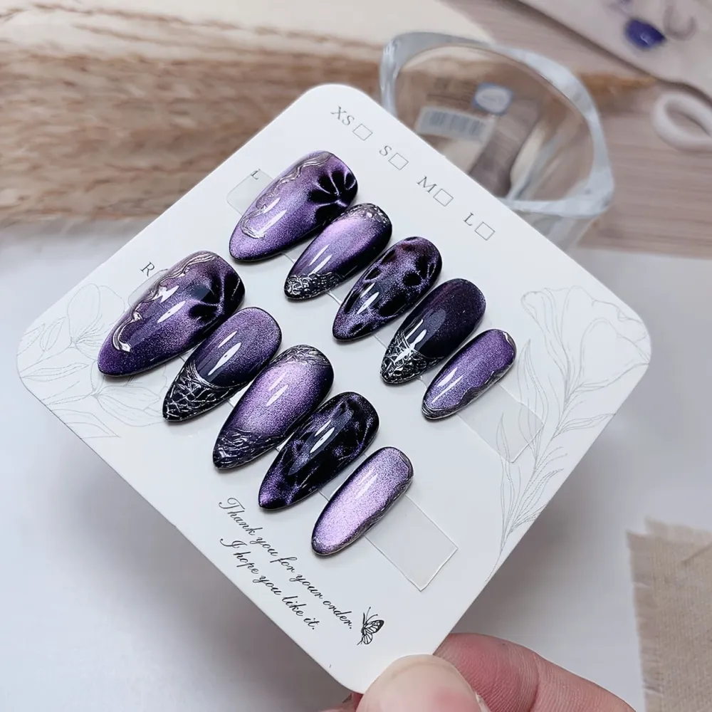 Nailhour 10Pcs French Glitter Cat Eye Purple Minimalist Medium Almond Press On Nails