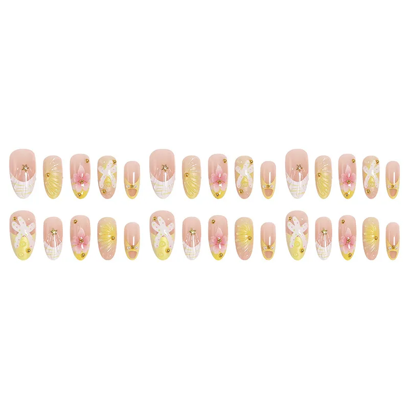 Nailhour 3D Yellow Floral 30Pcs French Summer Press On Nails