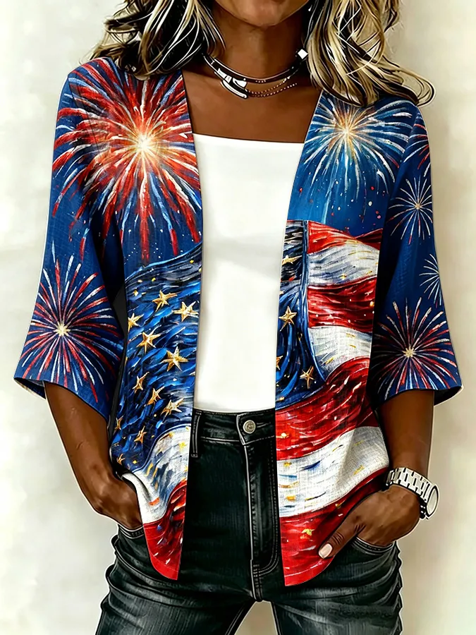 Women'S Casual Loose Independence Day Patriotic Cardigan
