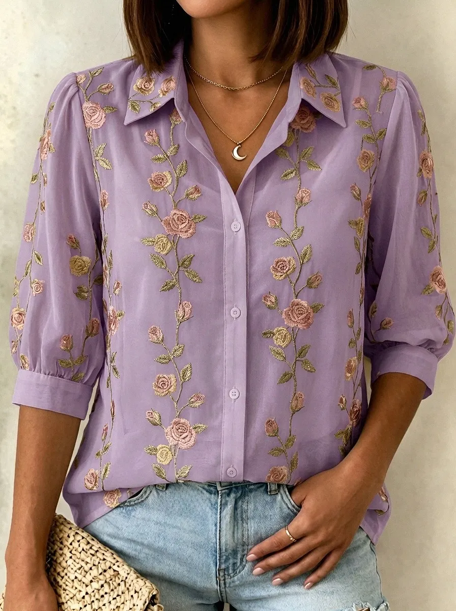 Women's Breast Cancer Awareness Pink Rose Floral Embroidered Button-up Shirt