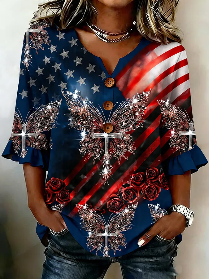 Women's Retro Art-Style American Flag Lapel Shirt