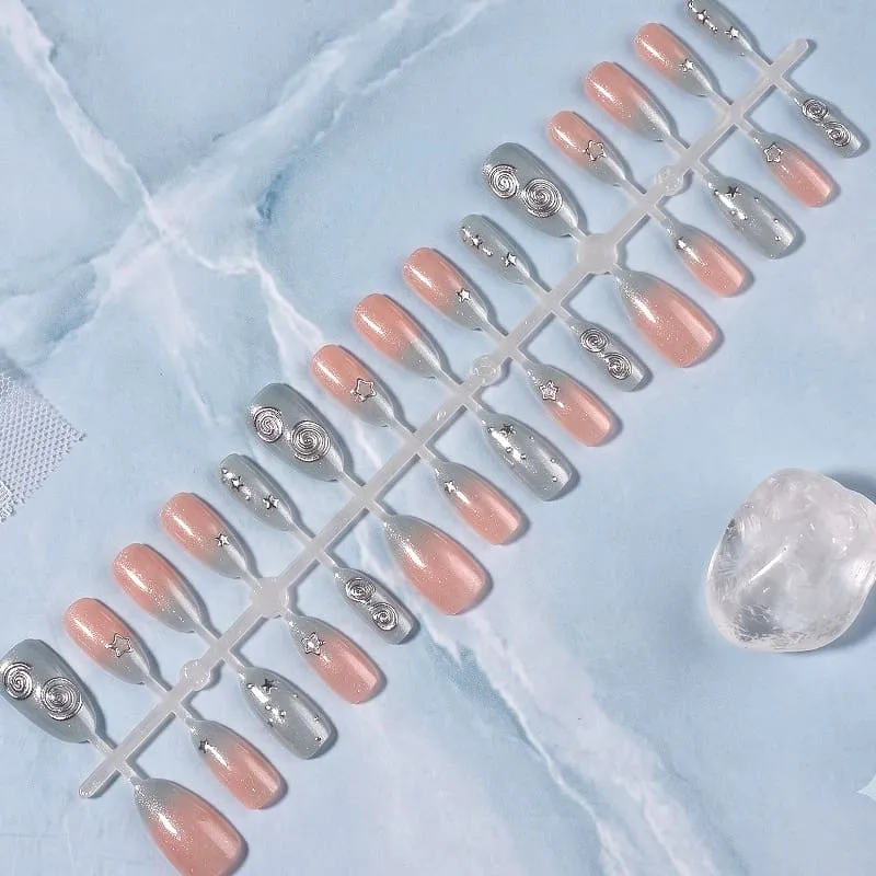 Nailhour 30Pcs Gradient Cat Eye Medium Almond French Press On Nails