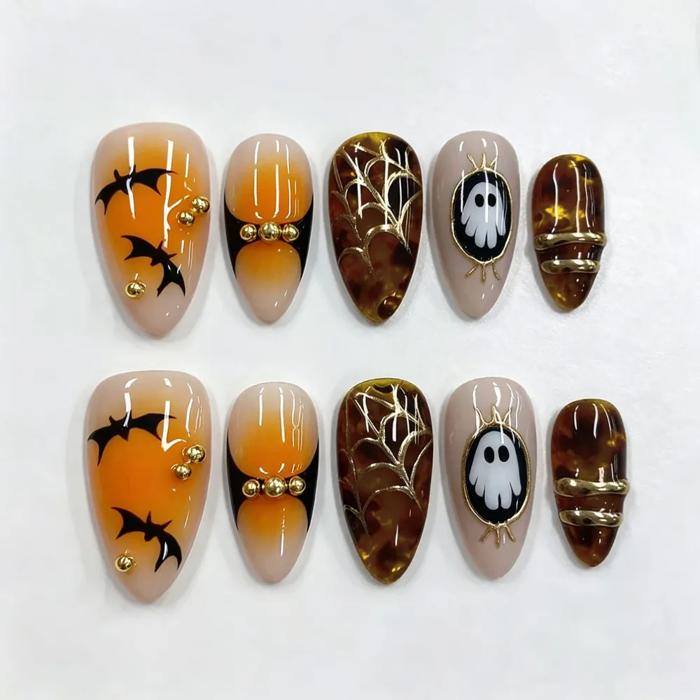 Nailhour 30Pcs Multicolor 3D Gilded Spider Halloween Short Almond Press On Nails