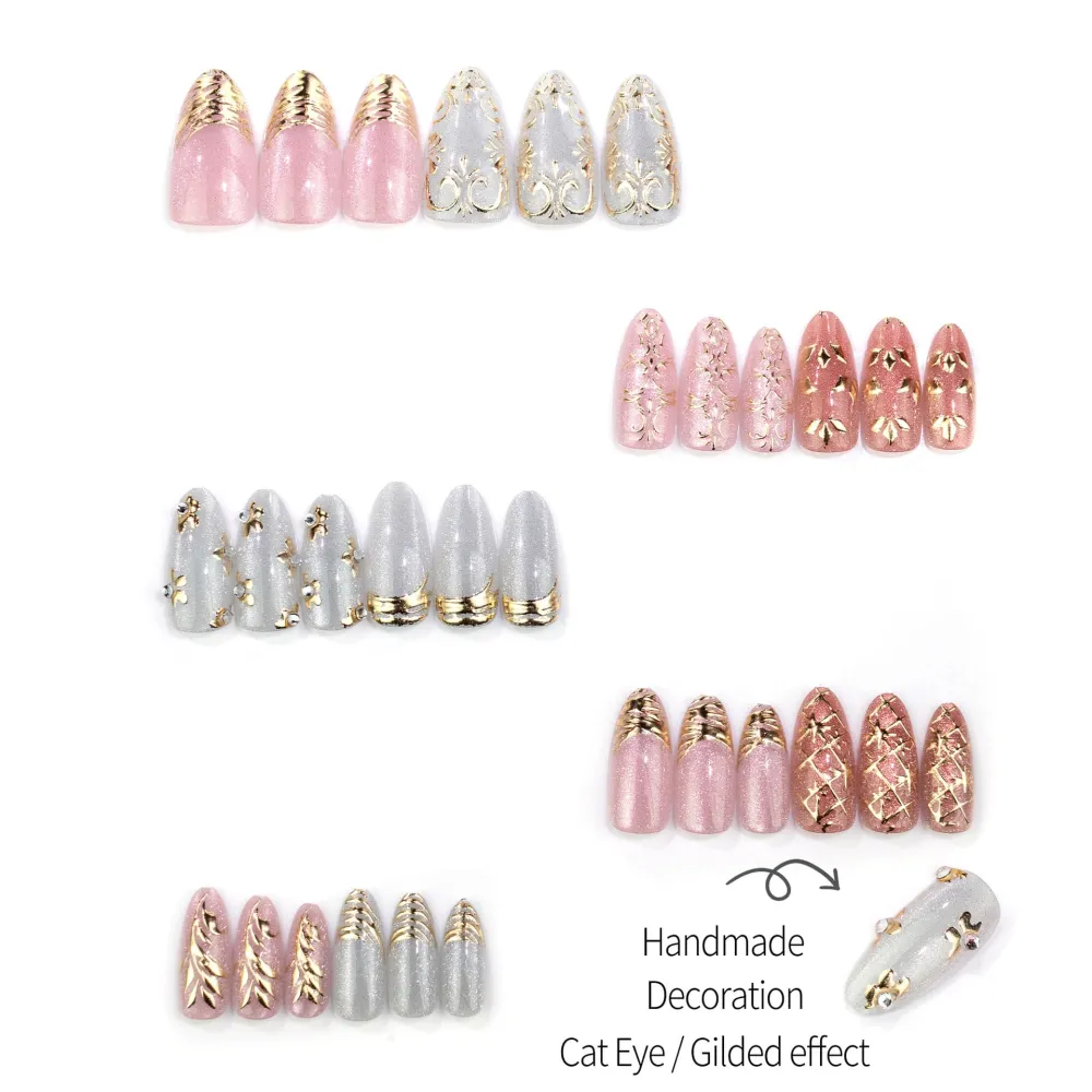 Nailhour 30Pcs French Glitter Floral Gilded Medium Almond Press On Nails