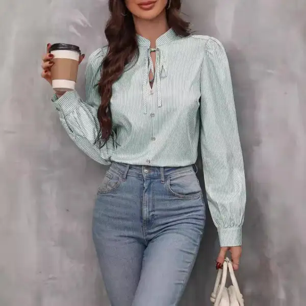 Striped V-Neck Long Sleeve Blouse