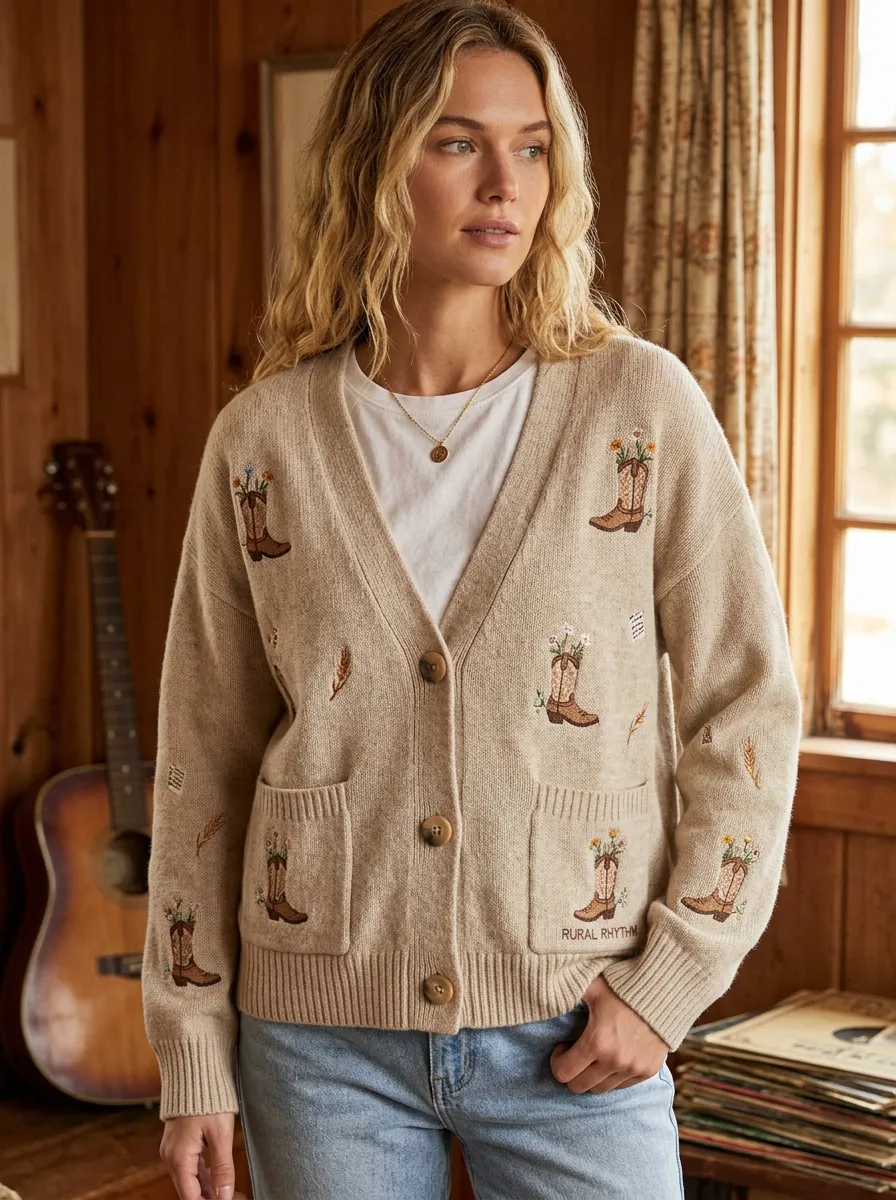 Cowboy-Boot Floral Women's Country Music Knit Cardigan