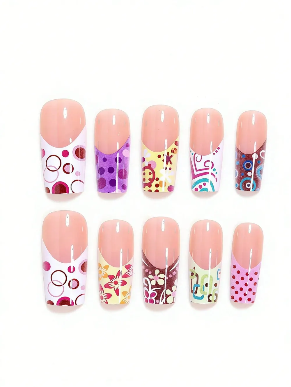 Nailhour 24pcs Medium Square Features White French Tips With Pink Circle Accents Press On Nails