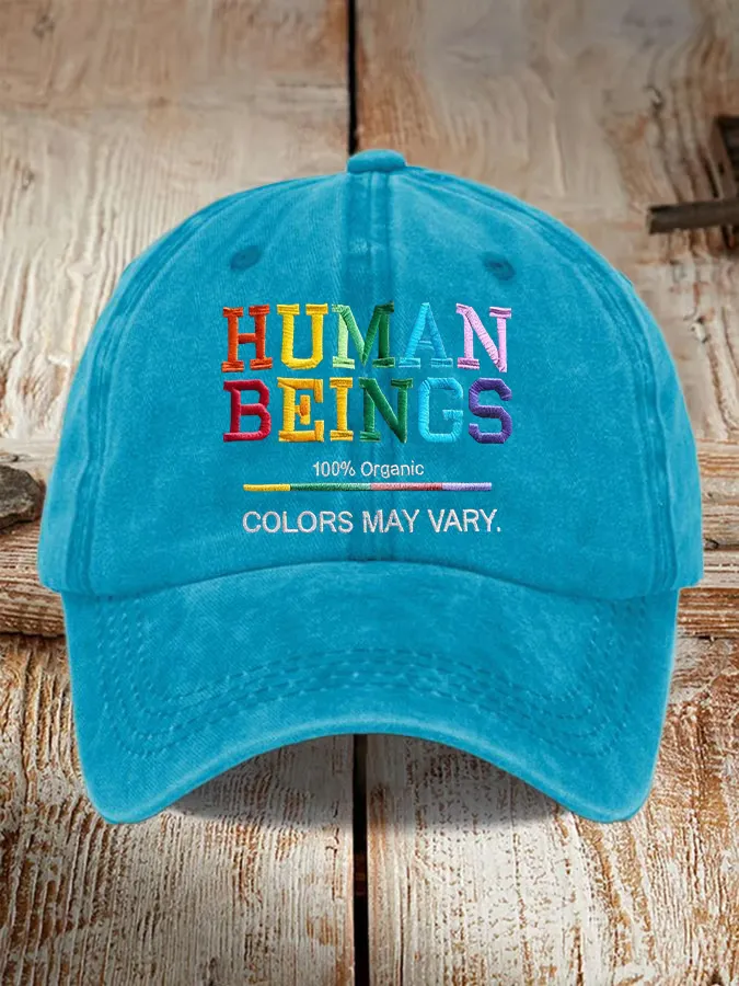 Retro Human Beings 100% Organic Colors May Vary Human Rights Equality Pride Print Baseball Cap