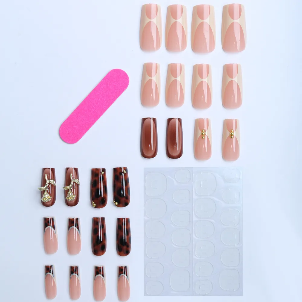 Nailhour 24Pcs Minimalist French Medium Leopard Print Press On Nails