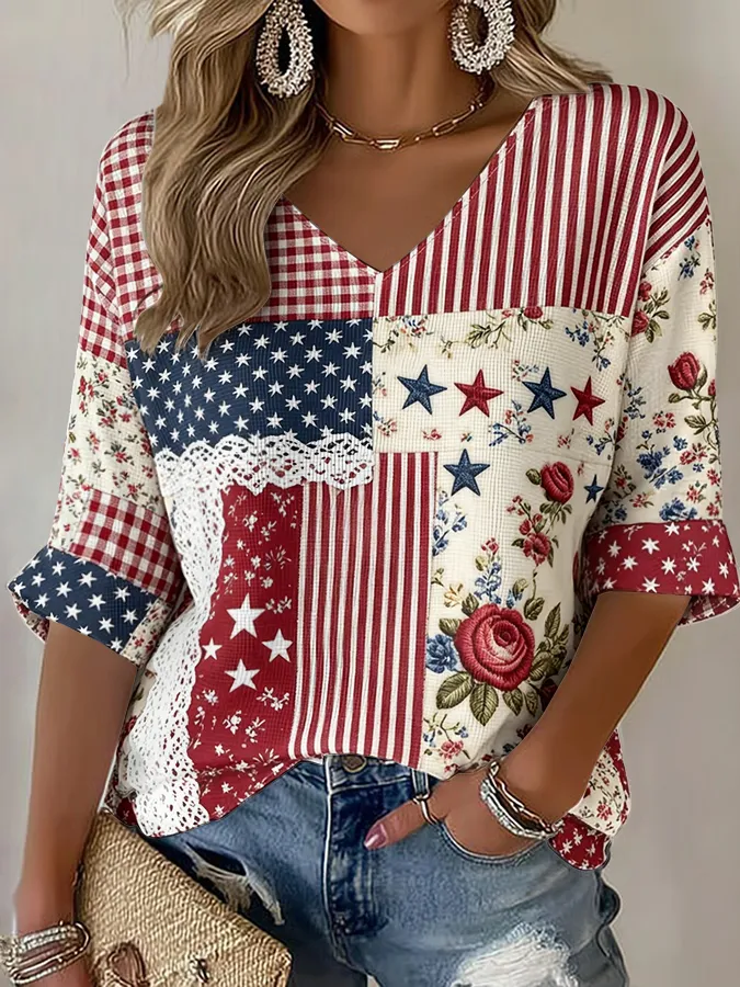 Women'S Retro Independence Day Art Printed Casual T-Shirt