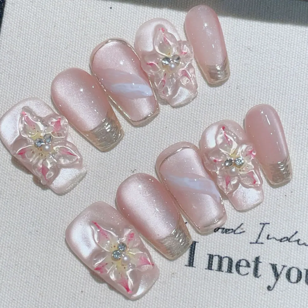 Nailhour 10Pcs Rhinestone French 3D Cat Eye Floral Pink Short Coffin Press On Nails