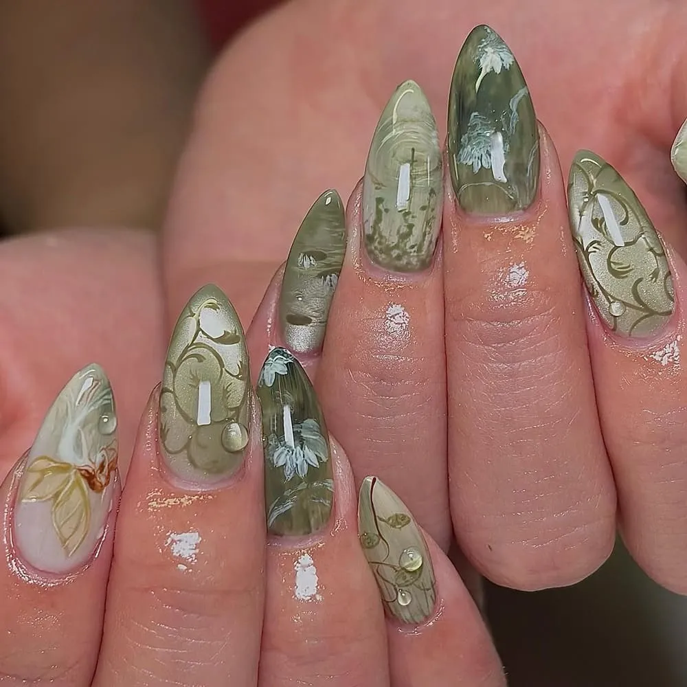 Nailhour 24Pcs Green Floral Medium Almond French Press On Nails