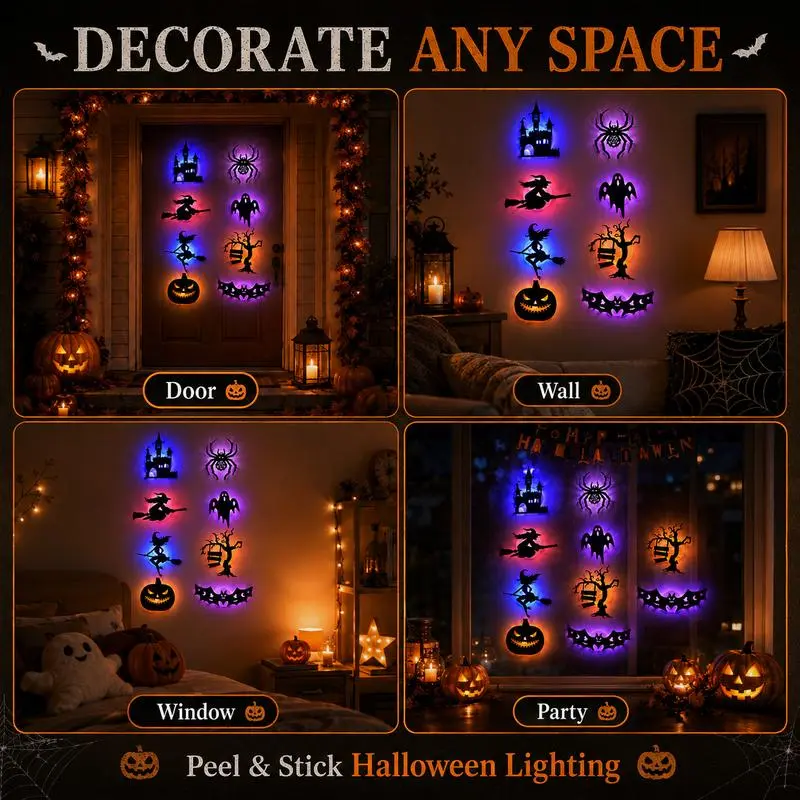 Halloween LED Silhouette Wall Light Stickers- Battery Powered Peel & Stick Spooky Decor