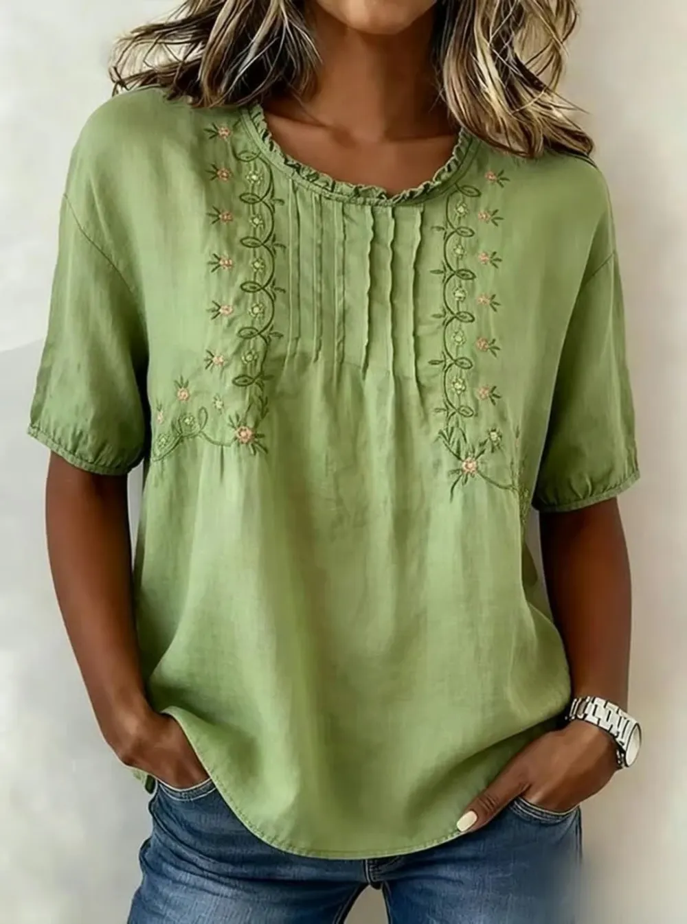Women's Casual Short-Sleeve Embroidered Cotton-Linen Top