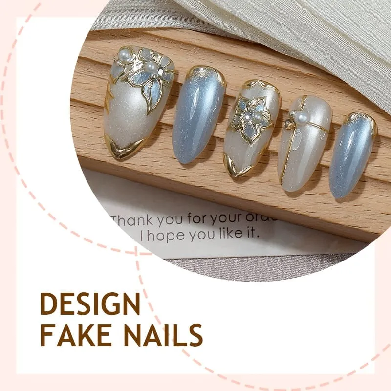 Nailhour 30Pcs Blue French Gilded Medium Almond Press On Nails