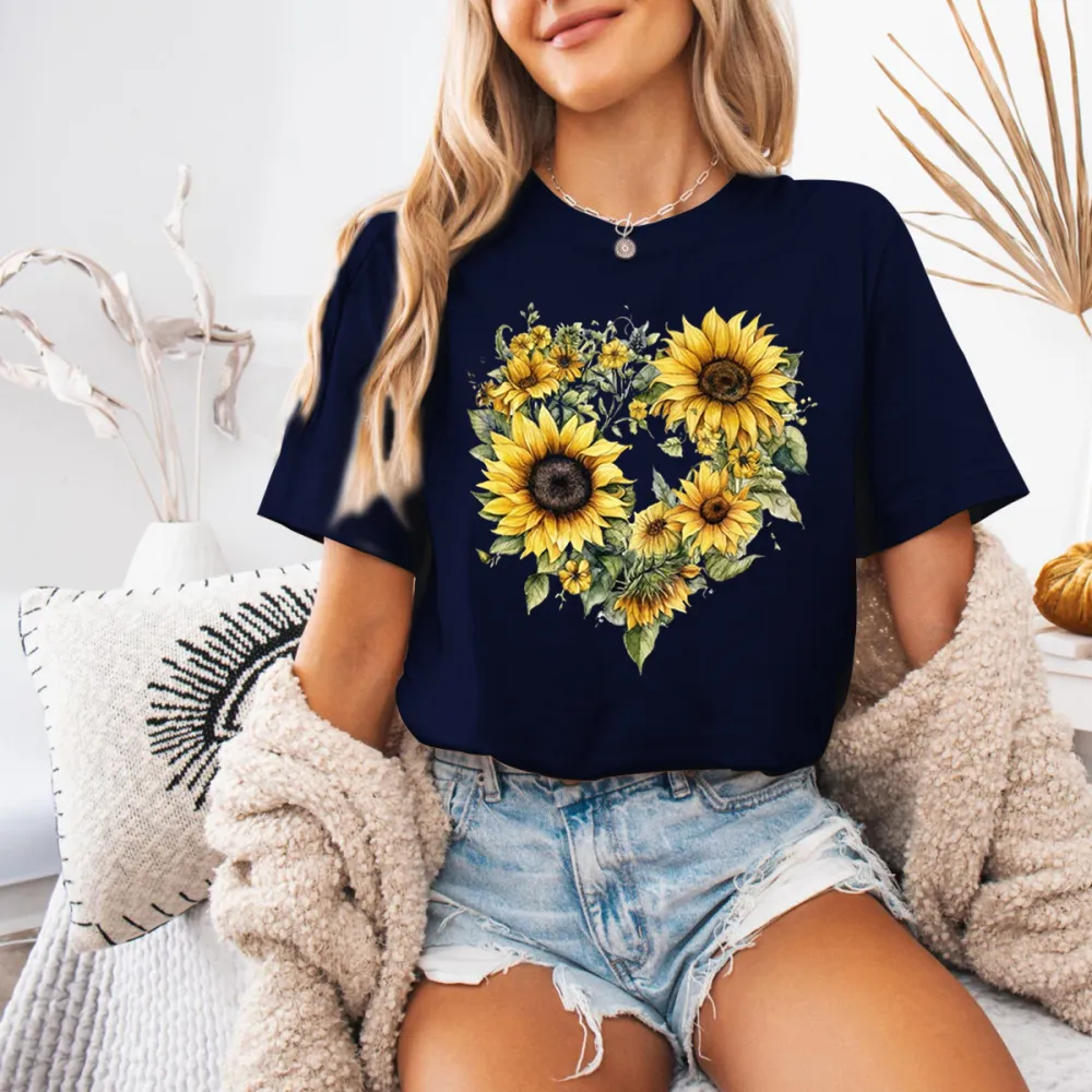 Sunflower And Heart Printed T-Shirts