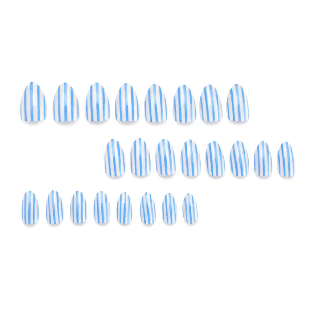 Nailhour 24Pcs Medium Almond Y2K Blue Striped Press On Nails