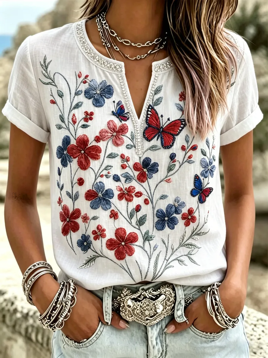 Women's America Flag Print cotton and linen short sleeved shirt
