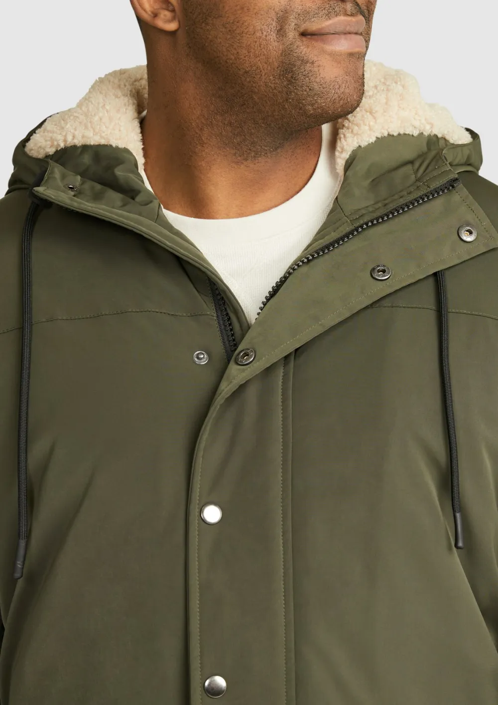 OLIVE GREEN HOODED PARKA WITH SHERPA LINING FOR COLD WEATHER
