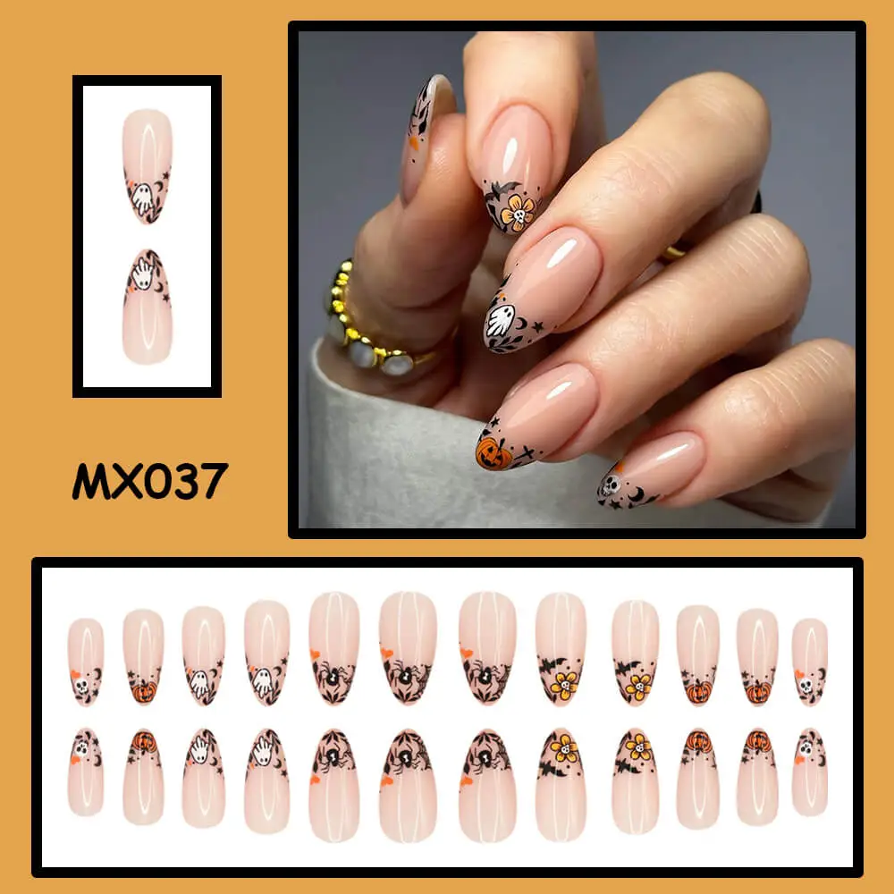 Nailhour 24Pcs Halloween Short Almond French Pumpkin Press On Nails