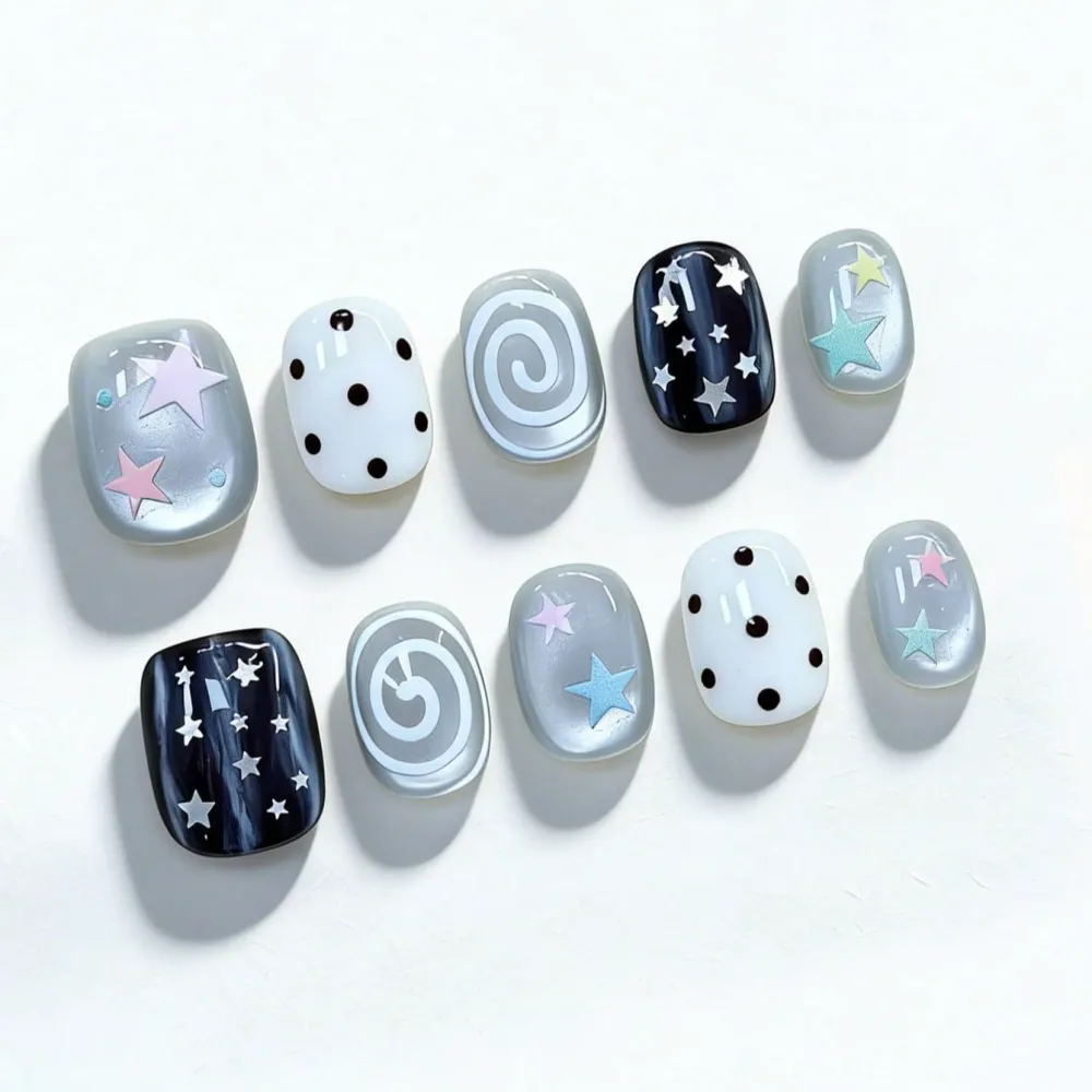 Nailhour 10Pcs Y2K Cat Eye Vintage Blue Short Squoval Press On Nails