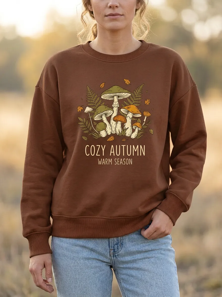 Rustic Mushroom Fern Printed Women's Graphic Sweatshirt
