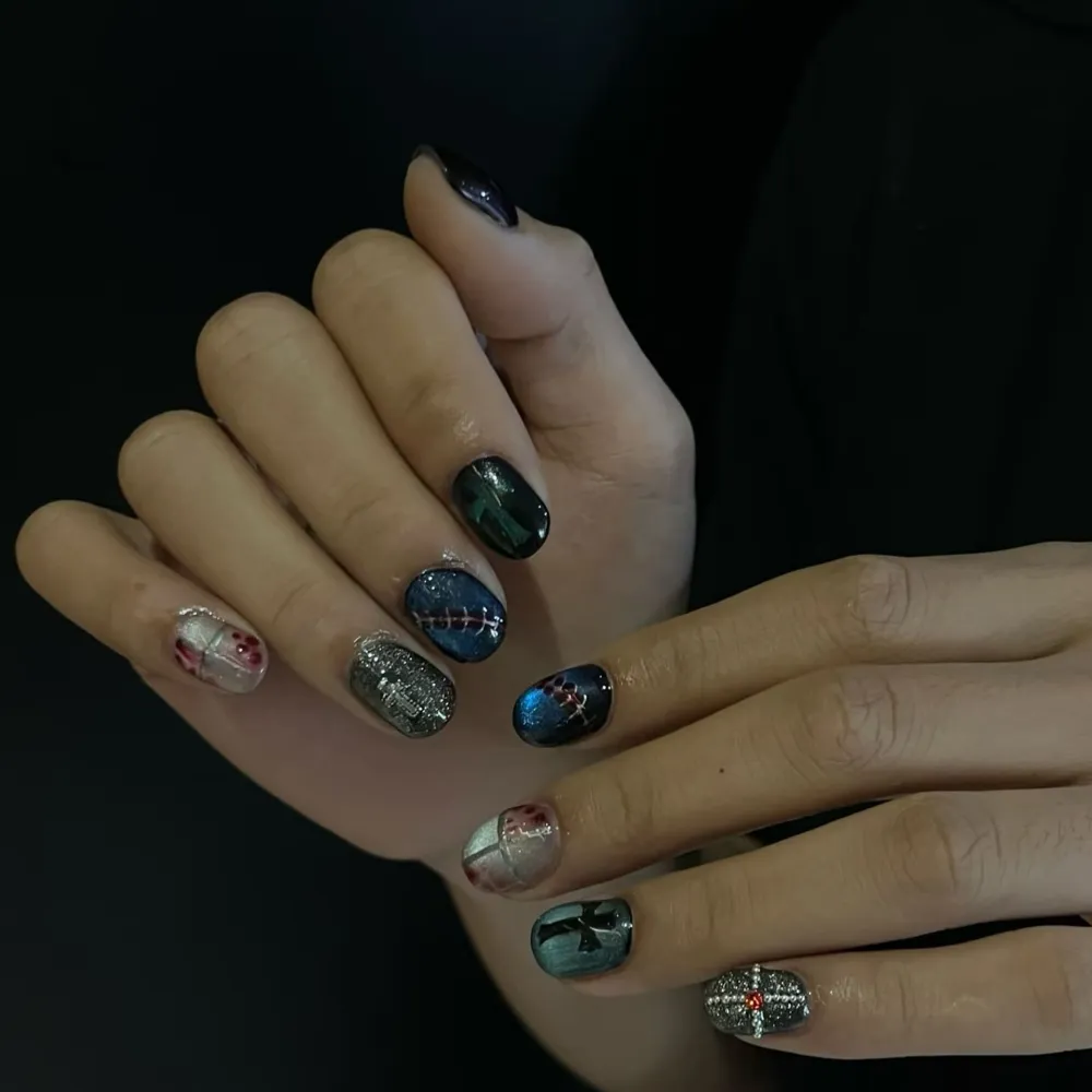 Nailhour 10Pcs Y2K Gothic Cat Eye Short Squoval Press On Nails