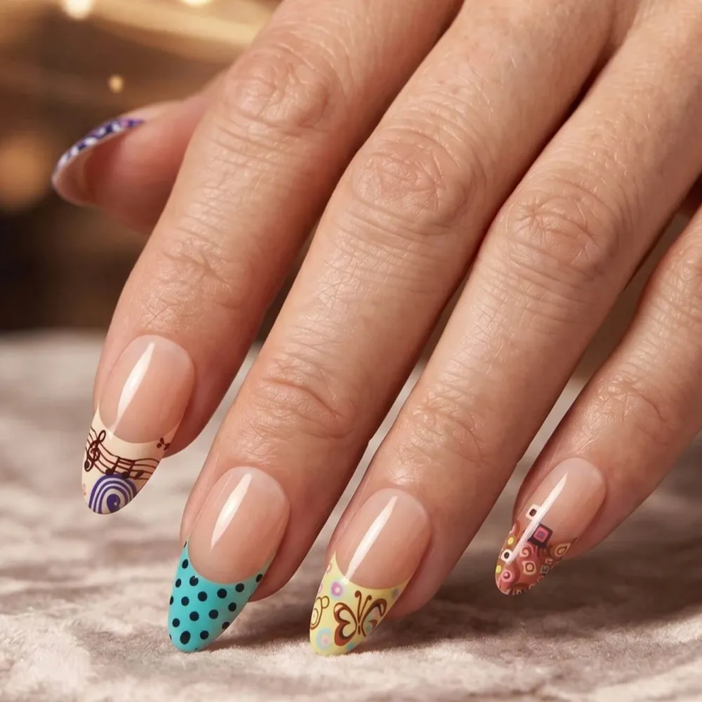 Nailhour 30pcs Long Almond  French Flower And Polka Dot Press On Nails