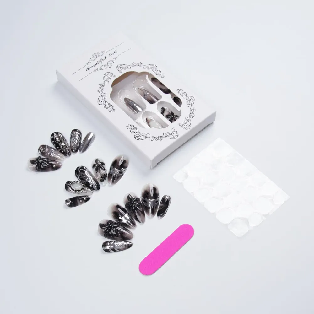Nailhour 24Pcs Black Gothic 3D Floral Rhinestone Medium Almond Press On Nails
