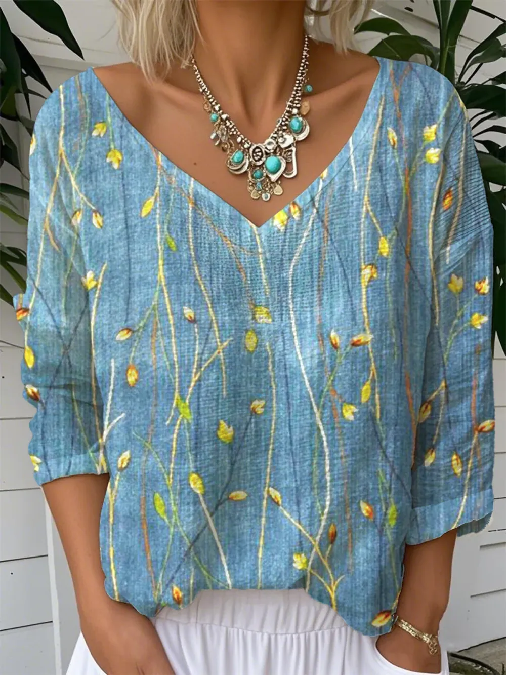 Women's Flower Bud Printed Short-Sleeved Shirt