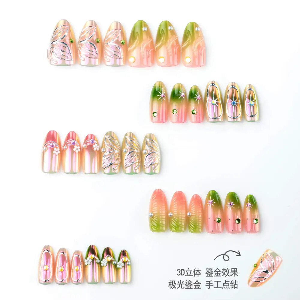 Nailhour 30Pcs 3D Chrome Floral Resin Medium Almond Press On Nails